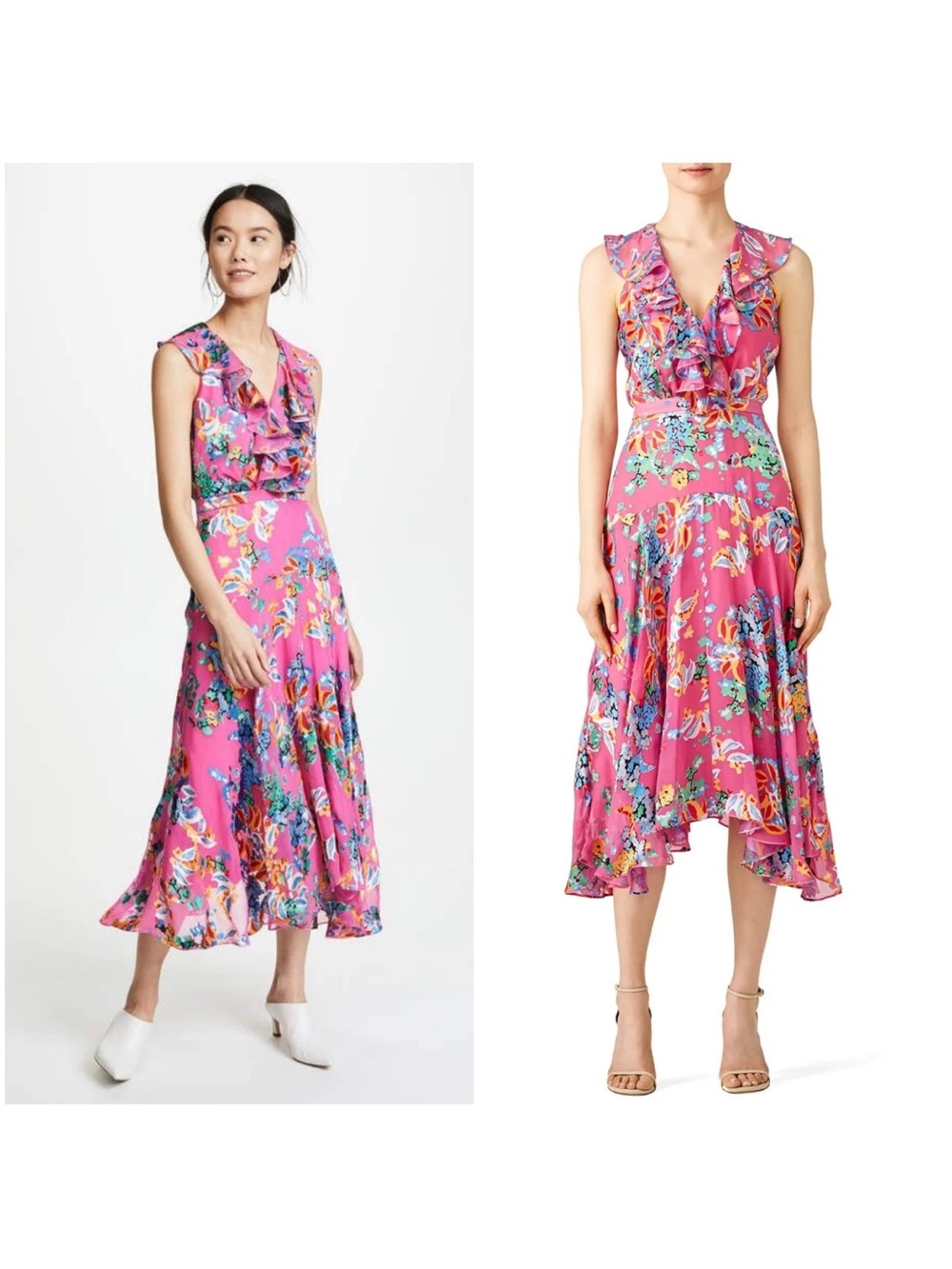 Revolve Saloni Rita Ruffled
Colorful Tiered Silk MIDI Dress
Pink Begonia